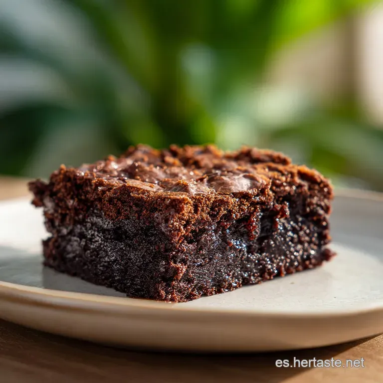 A single dark chocolate oat brownie on a white plate, dusted with cocoa powder, showcasing its moist interior and decadent...