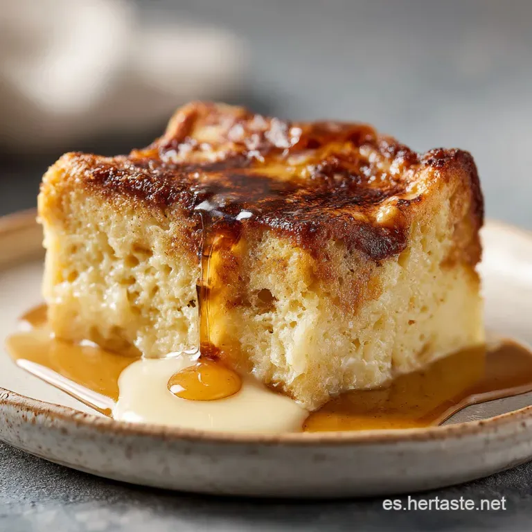 Slice of warm bread pudding drizzled with glossy citrus caramel, garnished with orange zest, inviting and comforting.