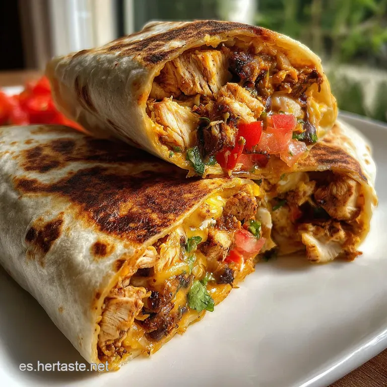 Crispy, golden burrito halved to reveal a vibrant chicken filling, set against a dark plate with a dollop of cool sour cream.