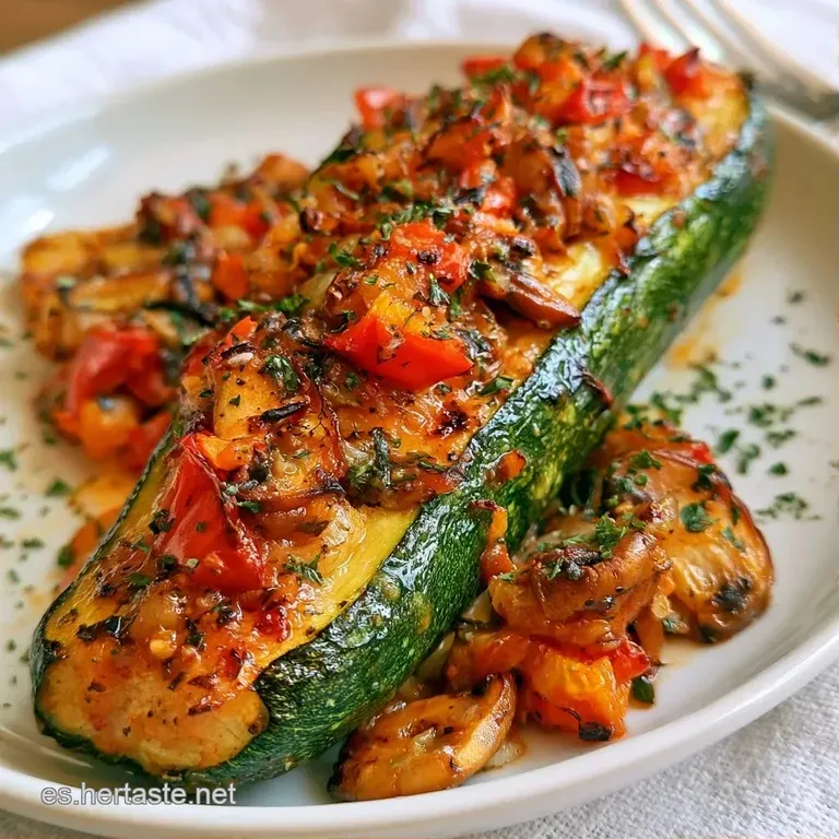 Calabacines asados con relleno vegetal vibrante, gratinados y decorados con perejil fresco sobre una base cerámica.