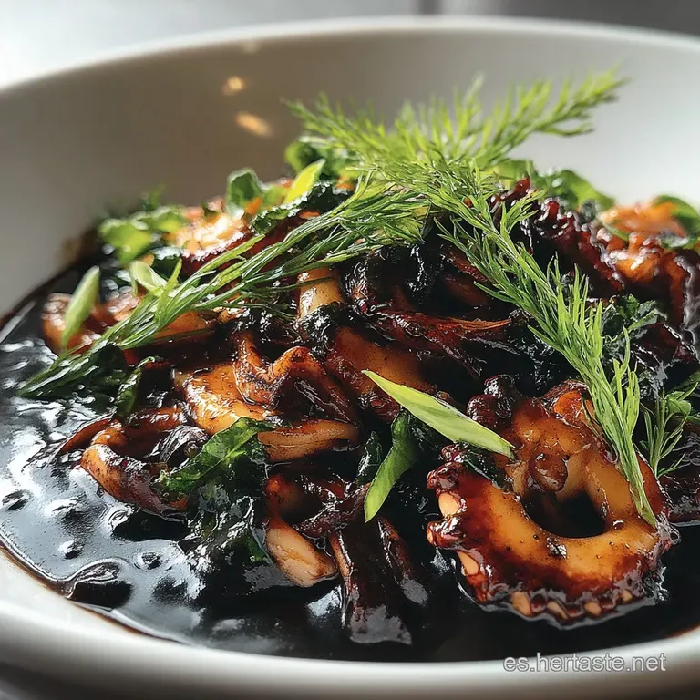 Elegant plate of tender squid rings bathed in a velvety, deep-brown sauce. Garnished with fresh parsley, inviting and soph...