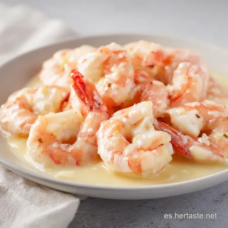 Camarones jugosos envueltos en crema sedosa, decorados con hojas verdes y pimienta negra en un plato de cer&aacute;mica gris