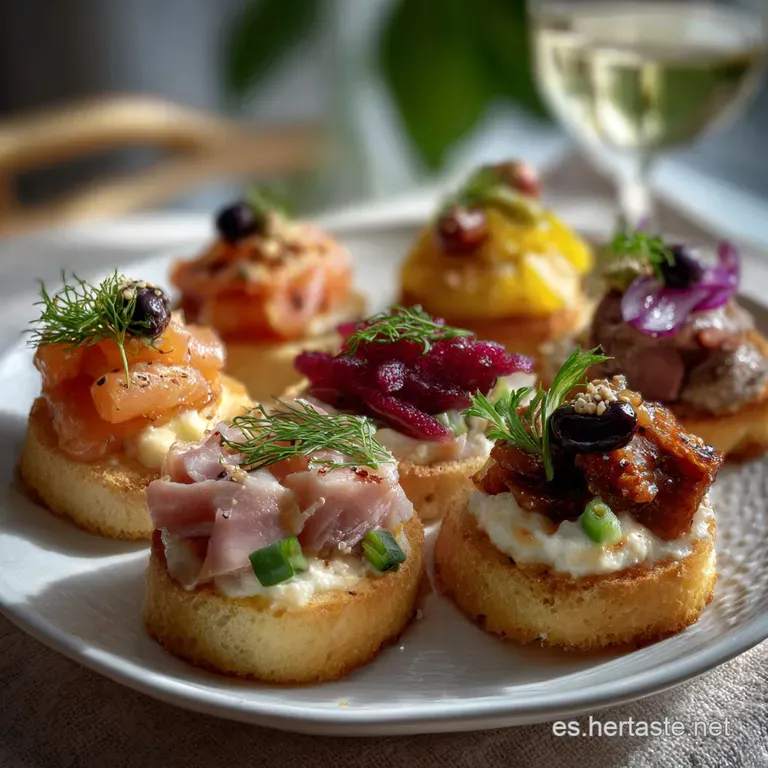 Elegant, artful arrangement of bite-sized appetizers on a dark surface, highlighting the contrasting colors and appealing ...