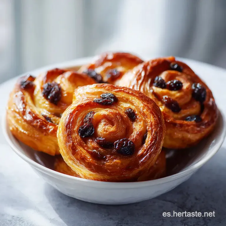 A single, perfectly formed pastry spiral reveals layers of flaky dough and plump raisins. Warm and fresh from the oven.