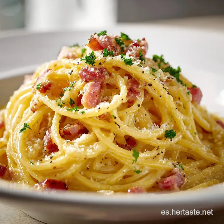 Elegant plate of carbonara, twirled spaghetti with rich sauce and crispy pork, topped with a vibrant egg yolk and herbs.