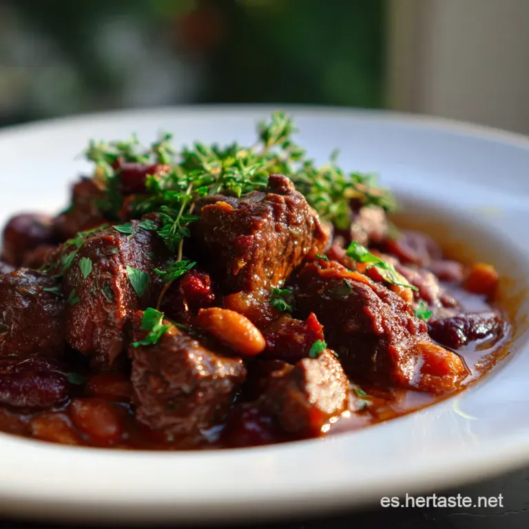 A spoonful of hearty meat and bean stew, glistening with savory broth, artfully plated with a sprig of fresh herbs for gar...