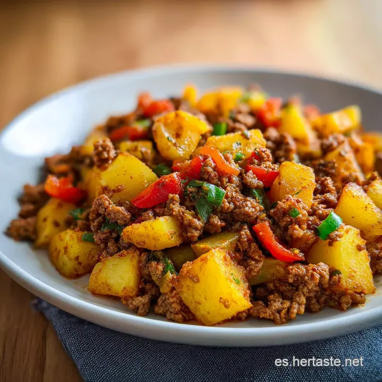 A vibrant plate of seasoned ground beef and potatoes, garnished with fresh cilantro, offers a comforting, rustic, and appe...