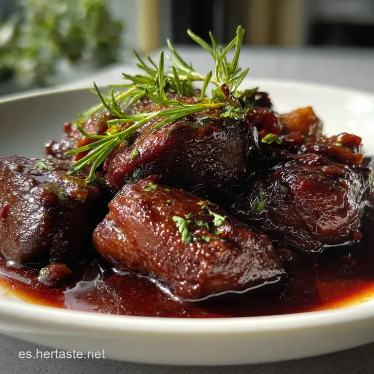 Elegant plate of tender pork cheeks in wine sauce. Garnished with herbs, creamy mashed potatoes swirled alongside, glossy ...