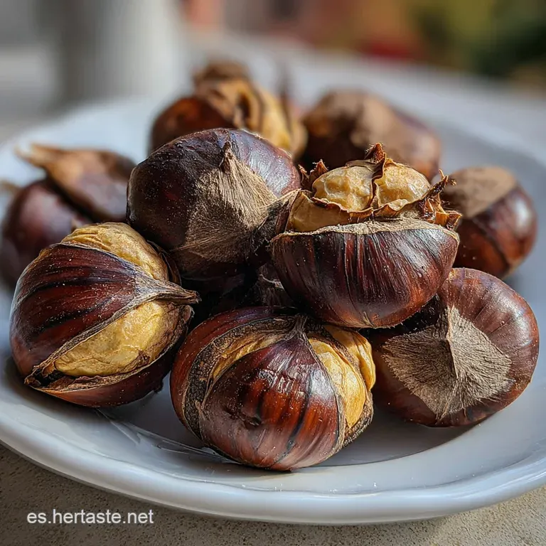 Pile of warm, crackling roasted chestnuts in a rustic bowl, the dark shells contrasting with the light nut meat.