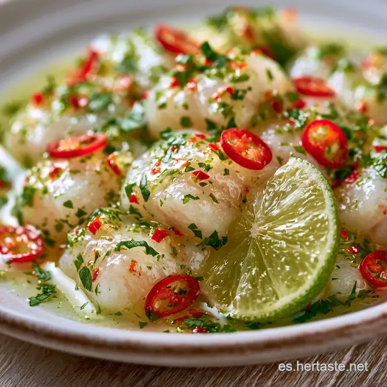 Montículo fresco de pescado marinado con aros de cebolla púrpura, cilantro verde y trozos de maíz sobre fondo blanco.