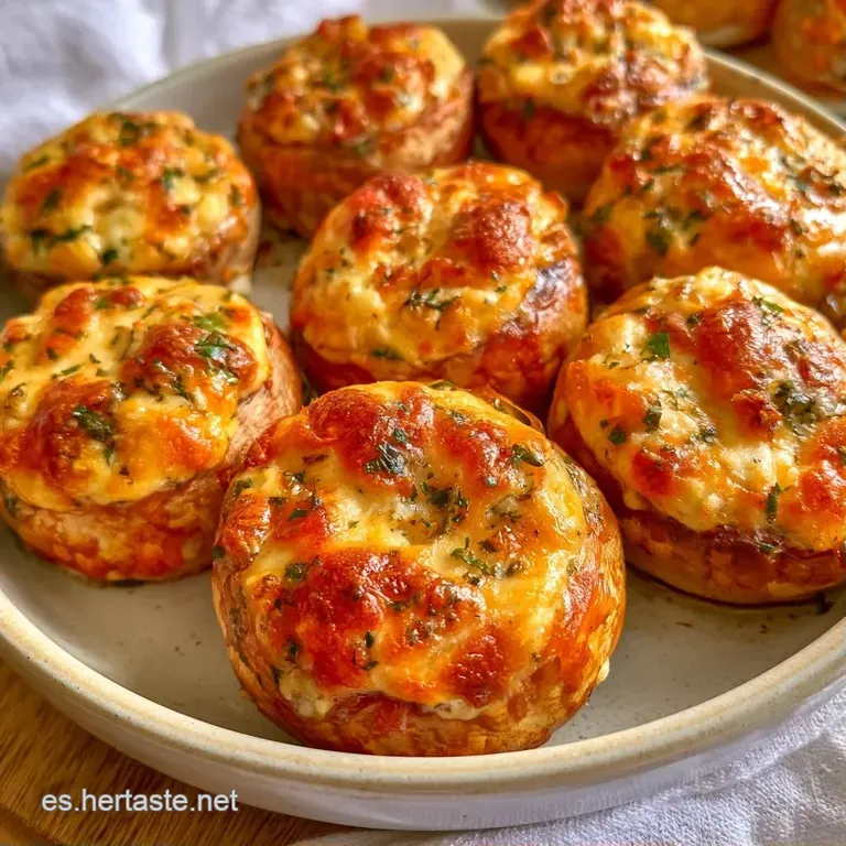 Bocados de hongo con relleno gratinado y burbujas tostadas sobre un plato oscuro con un toque de verde vibrante.
