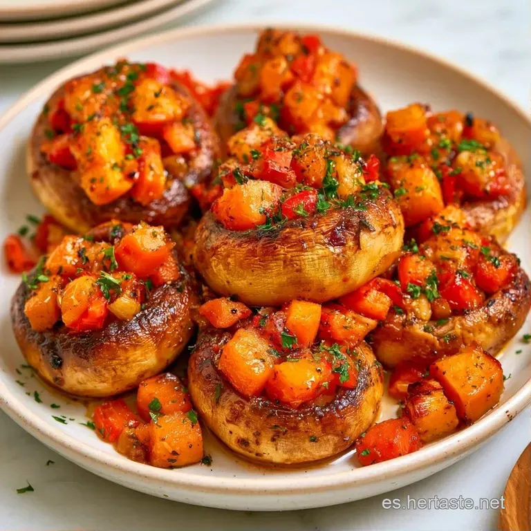 Cuatro hongos rellenos dispuestos simétricamente, con costra tostada y gotas de aceite brillante en plato de cerámica.