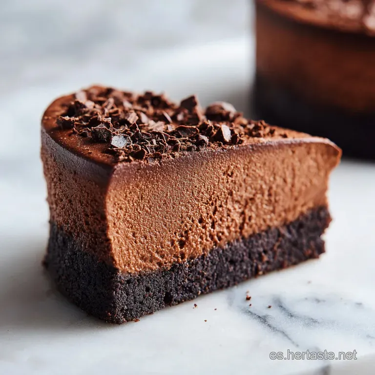 Porci&oacute;n cuadrada de mousse densa de cacao, decorada con una frambuesa roja brillante y una hoja de menta fresca verde.