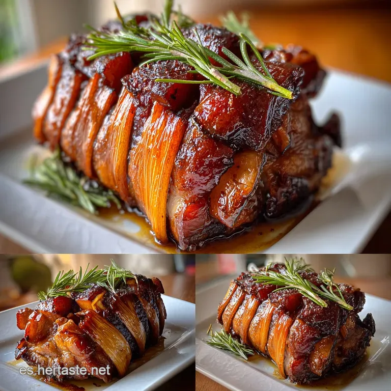 Crisp-skinned cochinillo segment on a white plate, garnished with fresh rosemary sprigs. Juices pool, promising rich flavor.