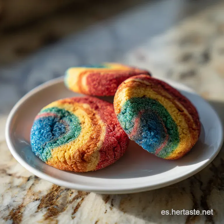 Rainbow cookies stacked artfully on a white plate. Layers of vibrant dough peek through a dusting of powdered sugar.
