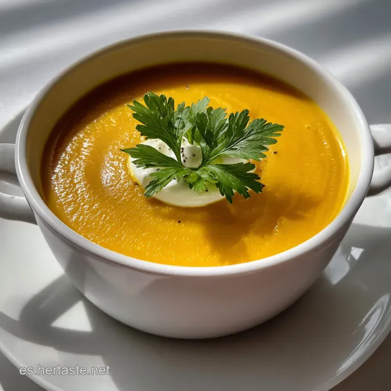 Creamy orange soup artfully swirled in a shallow bowl, garnished with vibrant herbs and a delicate drizzle, ready to be en...