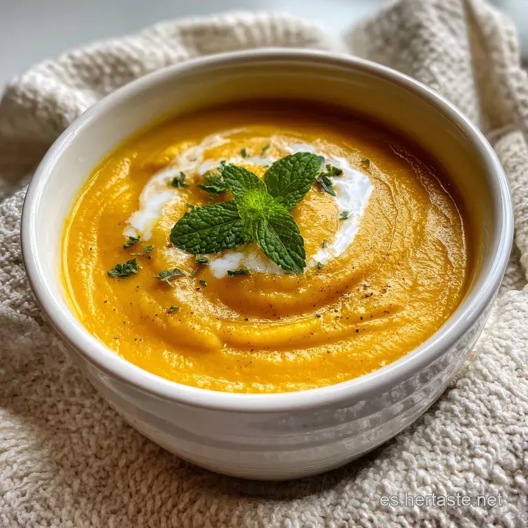 Elegant bowl of smooth, rich orange soup with a garnish of green herbs and toasted seeds; a comforting, inviting presentat...