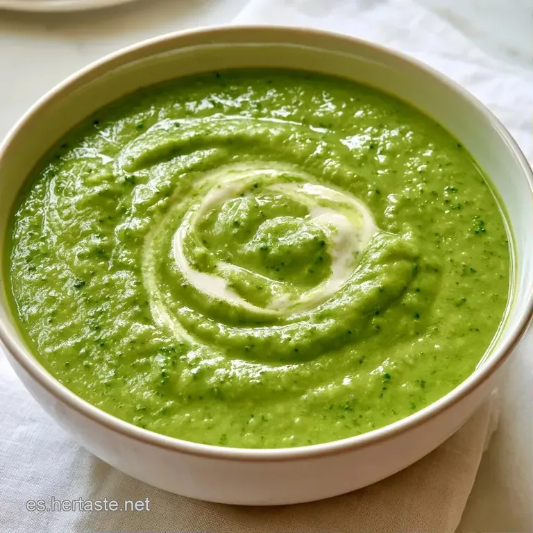 Sopa espesa de color verde intenso servida en cuenco cerámico con crutones dorados y un hilo de aceite de oliva virgen.
