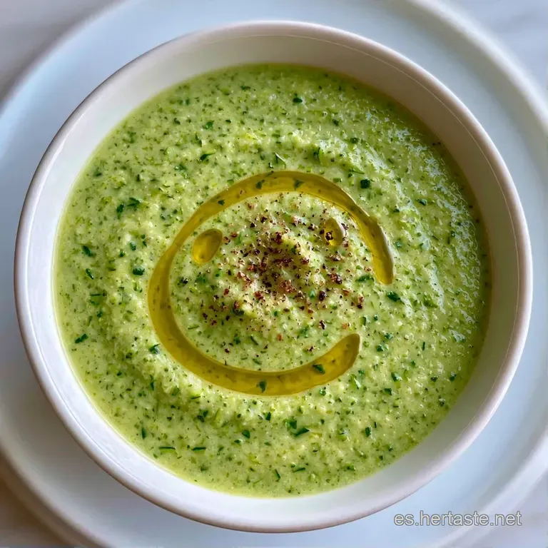 Sopa verde espesa con un remolino de nata blanca, una hoja de menta fresca y pimienta negra molida sobre el borde.