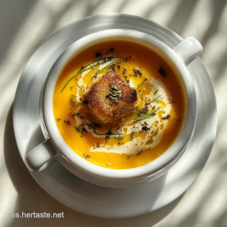 Elegant squash soup served in a white bowl, garnished with toasted pumpkin seeds and a drizzle of olive oil. A vibrant, co...