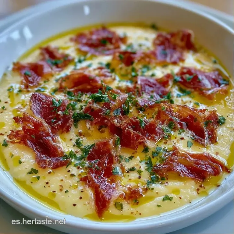 Sopa aterciopelada color melón adornada con gotas de aceite dorado y hojas de menta dispuestas con precisión artística.