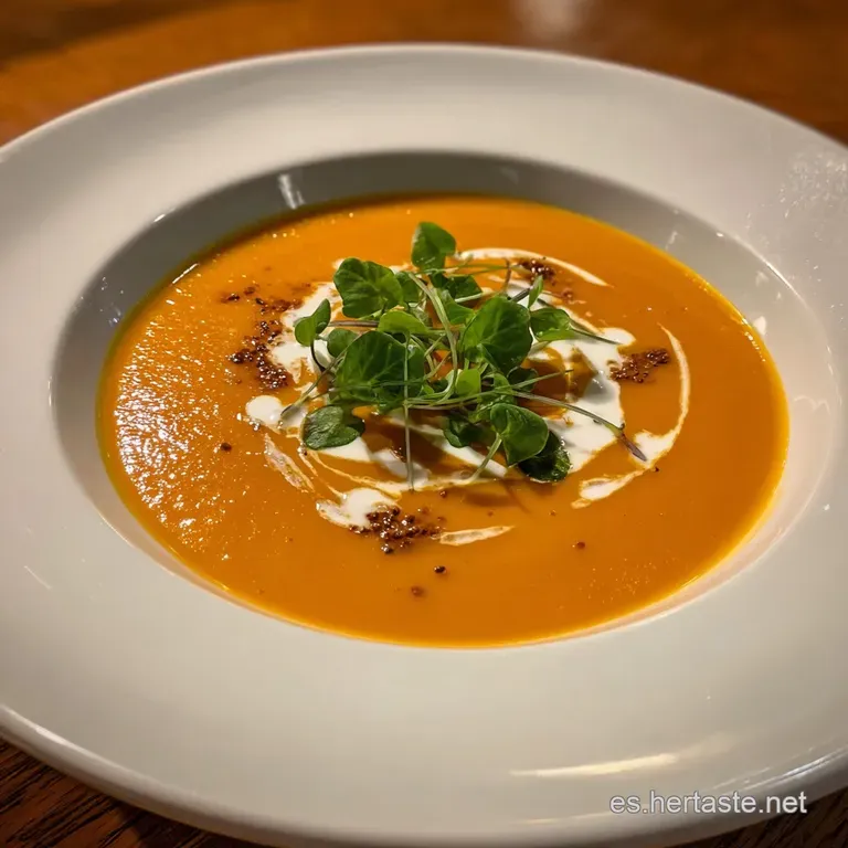 Elegant bowl of creamy carrot soup, garnished with fresh herbs and a drizzle of olive oil, showcasing a smooth, glossy sur...