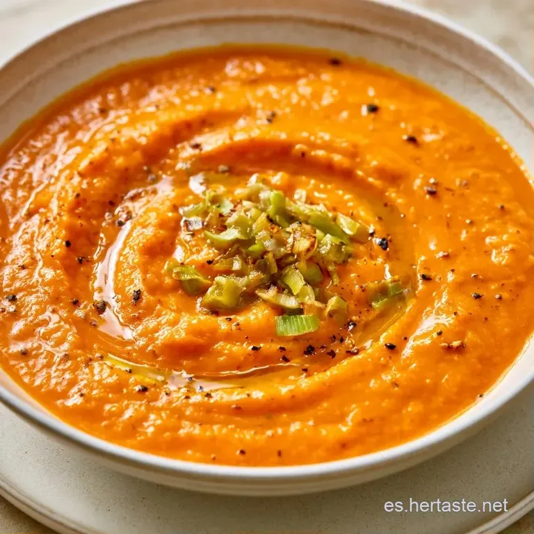 Plato hondo con sopa naranja aterciopelada, decorada con gotas de nata blanca y semillas tostadas sobre fondo neutro.