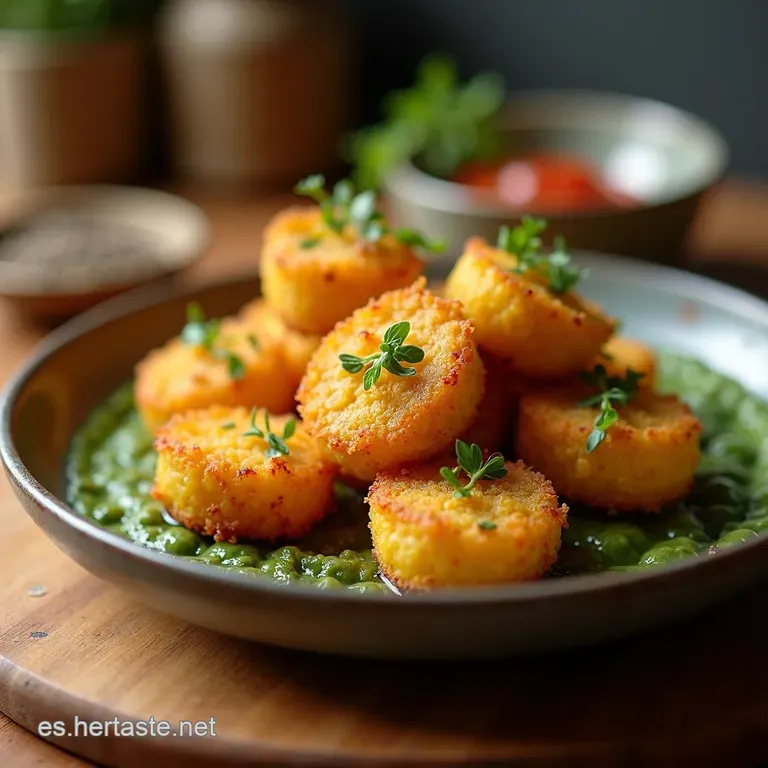 Croquetas Cremosas De Mariscos Y Algas Wakame presentation