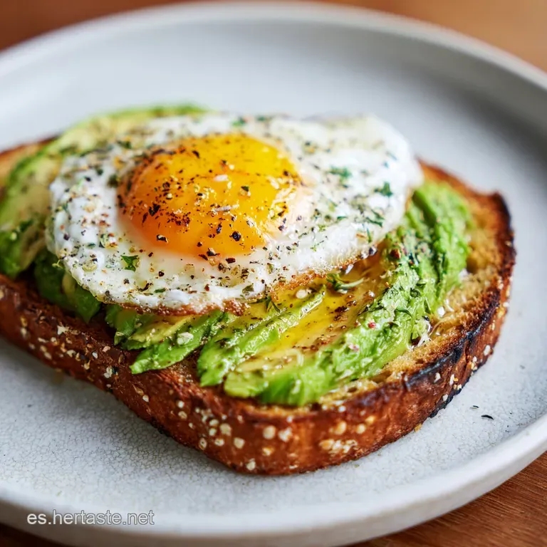 Close-up of avocado toast artfully arranged on a white plate, next to a small bowl of bright salsa and sprig of fresh cila...