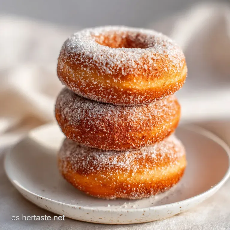 A stack of warm donuts with a light golden crust, sprinkled with sugar and drizzled glaze on a rustic wooden board.