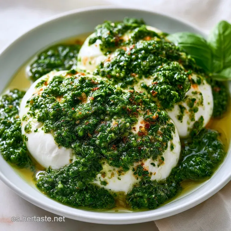 Montaje elegante con gotas de aceite dorado, hojas de albahaca fresca y un centro de queso blanco suave y fundido.