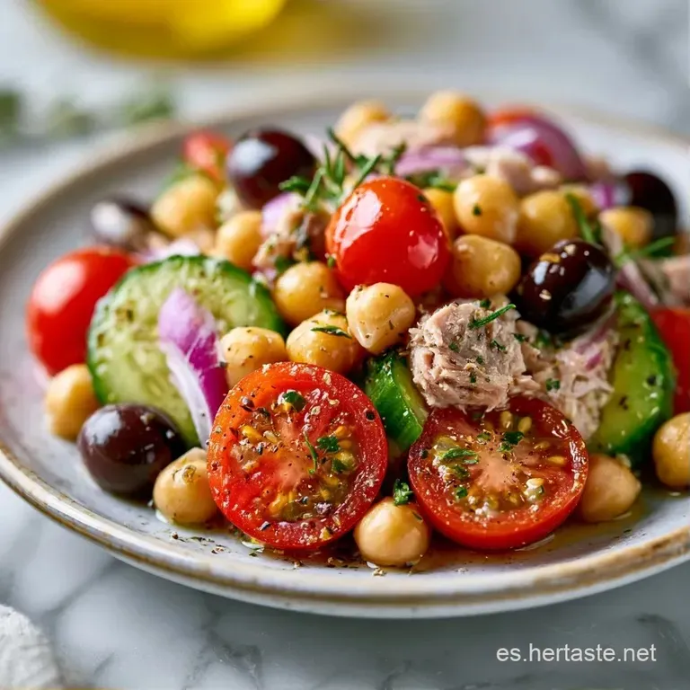 Plato cerámico blanco con garbanzos tersos, vegetales multicolores y un hilo de aceite dorado que aporta brillo natural.