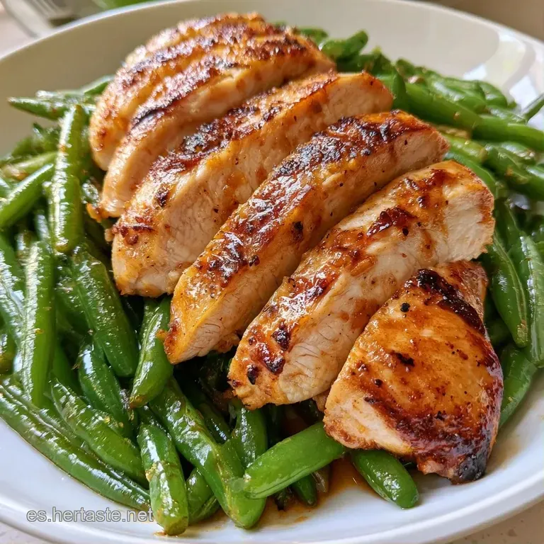 Elegante montaje de judías verdes vibrantes y pechuga de pollo sellada, decorado con hojas frescas en plato blanco.