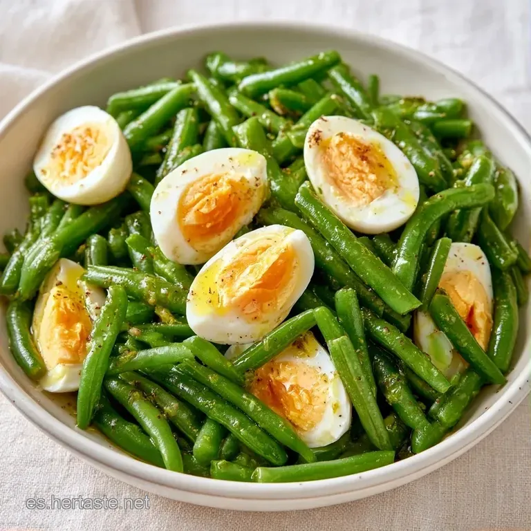 Ensalada dispuesta con elegancia, resaltando el contraste del verde intenso de las judías y el amarillo del huevo.