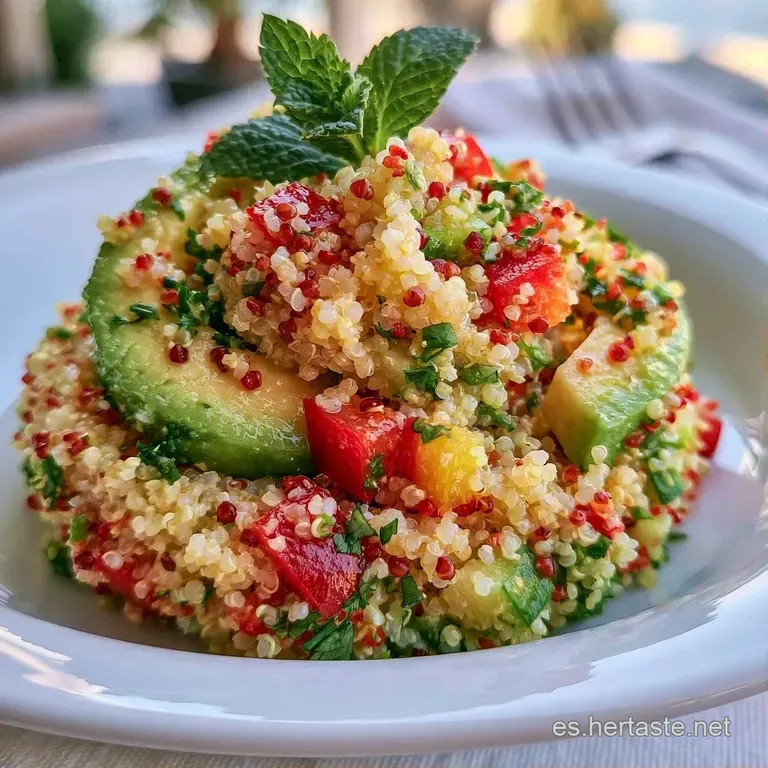 Plato blanco minimalista con quinoa cremosa, láminas de aguacate verde pálido y un toque de aceite de oliva dorado.