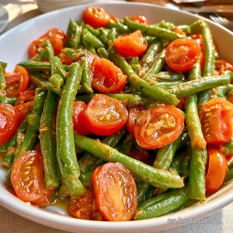Composición ordenada de rodajas de tomate rojo y judías verdes frescas, decoradas con gotas de aceite y hierbas verdes.