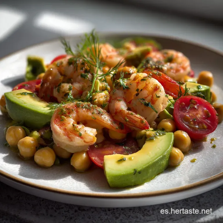Artfully arranged ensalada in a white bowl. Creamy avocado slices and bright chickpeas sit atop a bed of mixed greens, a v...