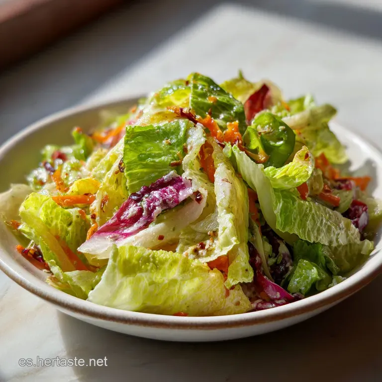 Bright green lettuce salad artfully arranged on a white plate, with colorful vegetable toppings. Fresh and crisp looking, ...