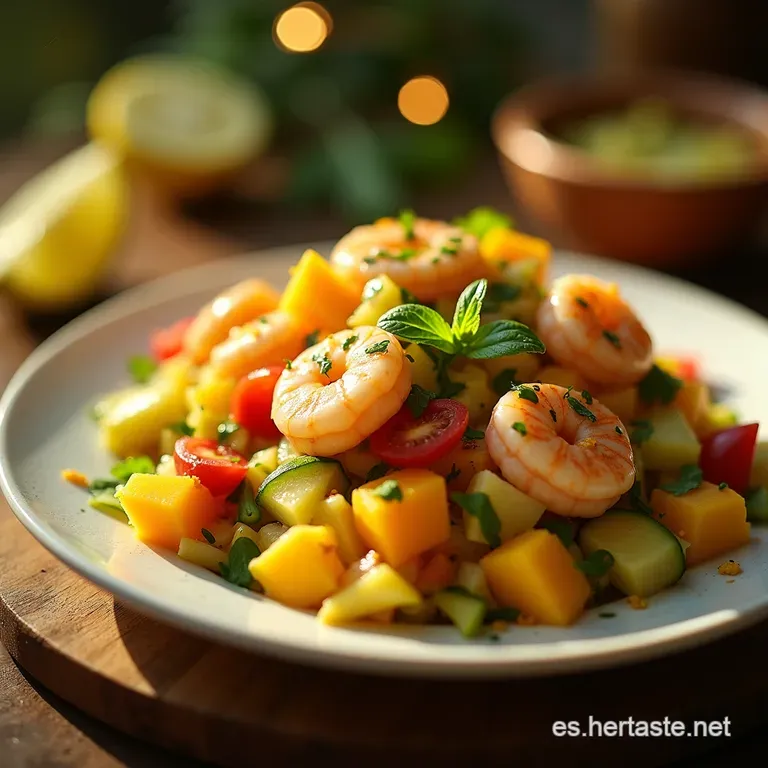 Sol Tropical Ensalada Revitalizante De Mango Aguacate Y Camarones Al Lim&oacute;n presentation