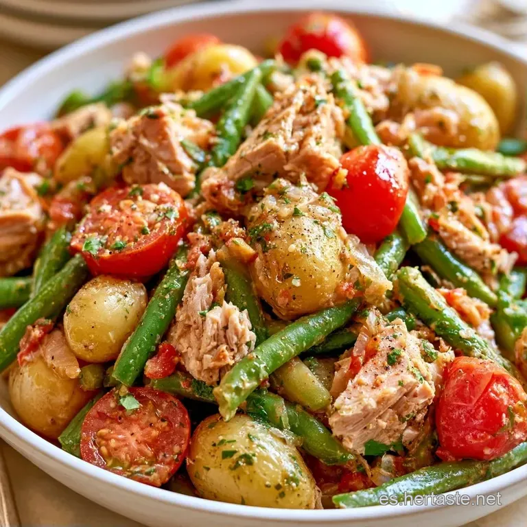 Montaje armonioso de verduras frescas, huevos segmentados y atún sobre cerámica blanca con hilos de aceite dorado.