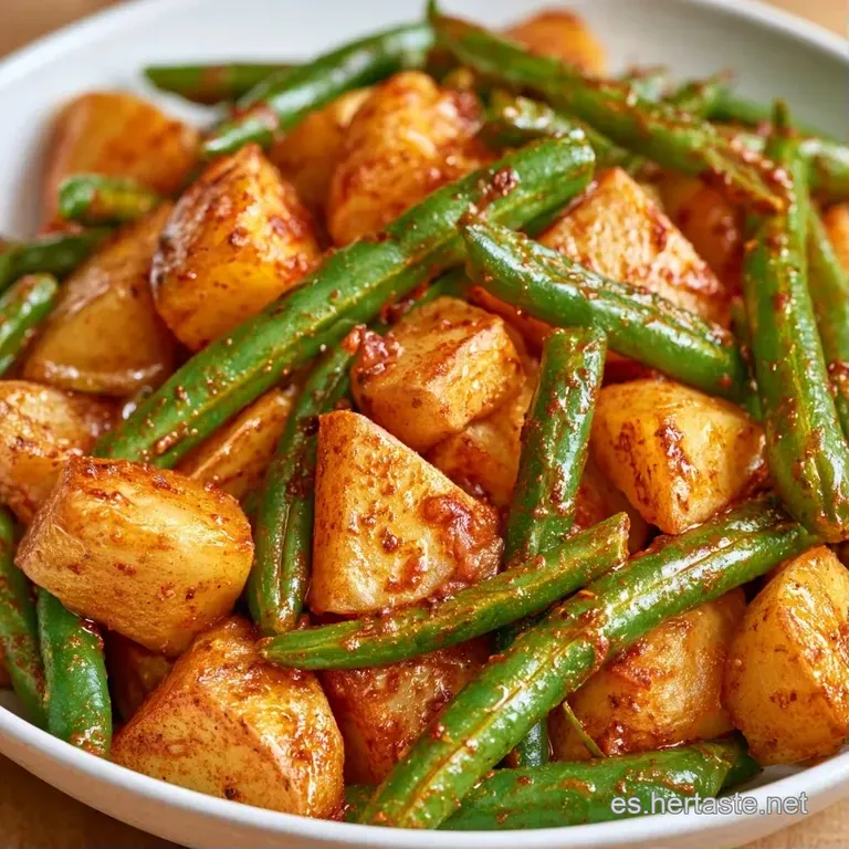 Montaje ordenado de patatas tiernas y judías verdes crujientes con un toque de aceite brillante y pimienta negra molida.