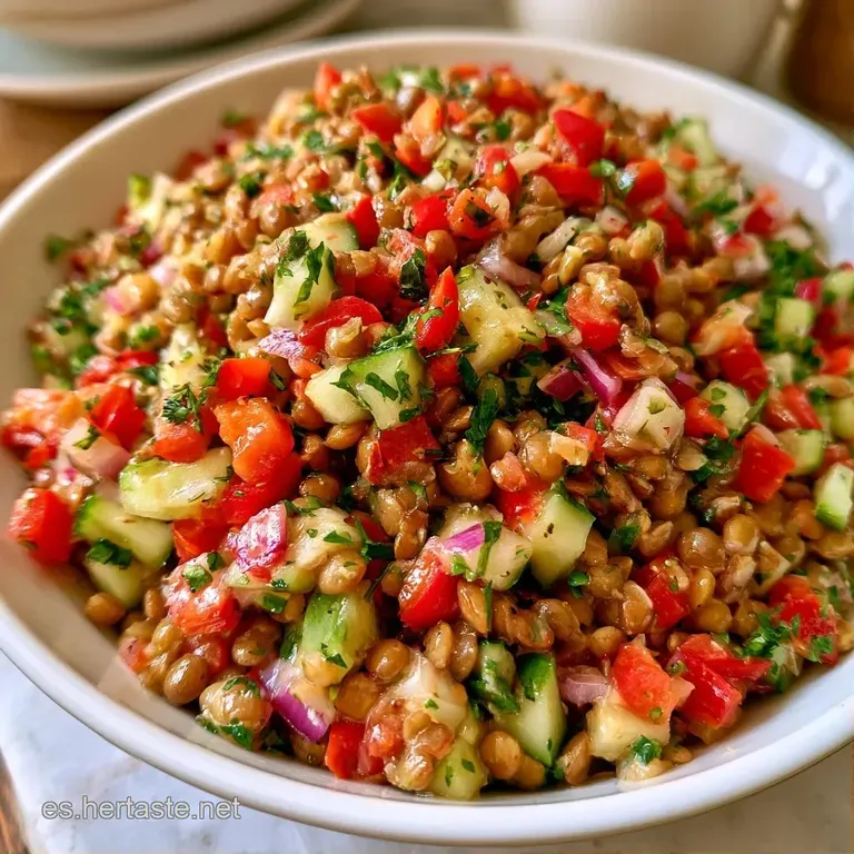 Ensalada colorida servida en plato blanco con lentejas brillantes, cubos de verdura crujiente y un toque de aceite dorado.