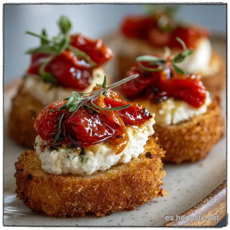 Elegant tapas plate featuring glistening marinated artichoke hearts, creamy goat cheese, and vibrant red peppers. Garnishe...