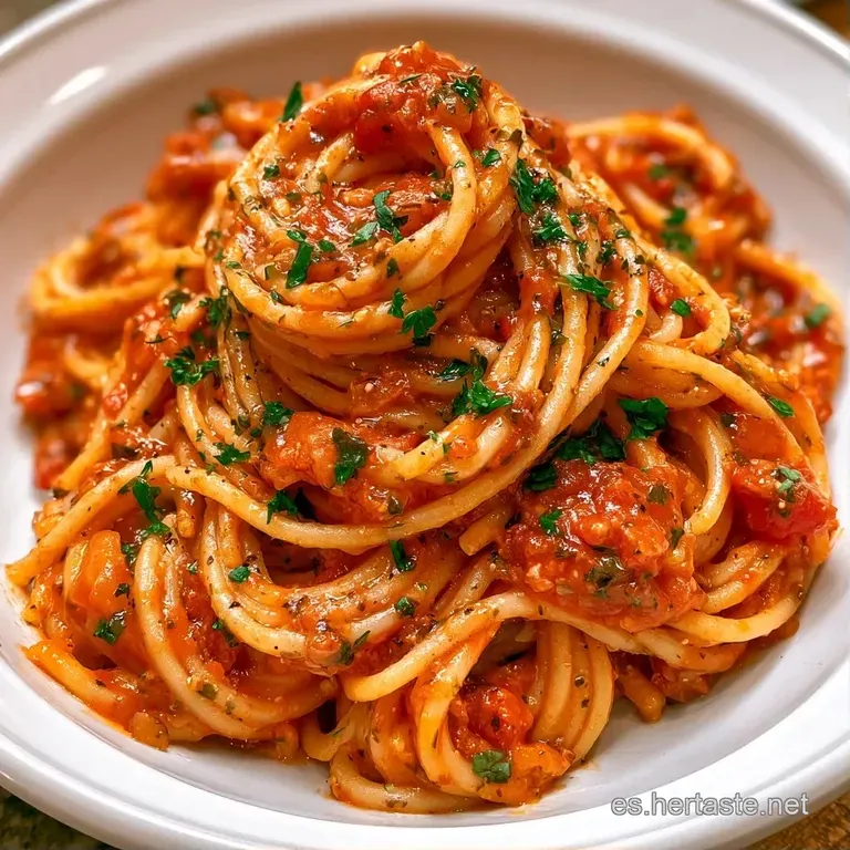 Nido de pasta central con salsa roja brillante, lluvia de queso blanco rallado y un toque de aceite sobre el plato.