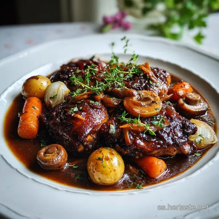 Elegant plate of French chicken stew; tender chicken bathed in rich sauce, garnished with parsley and crusty bread.