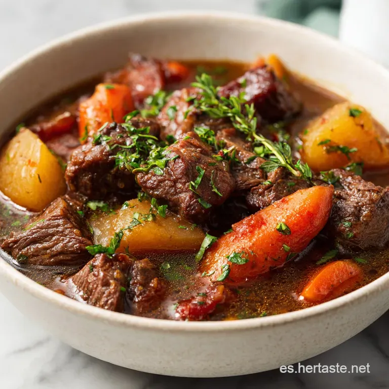 Steaming bowl of tender beef stew, garnished with parsley, resting on a rustic wooden surface, inviting warmth.