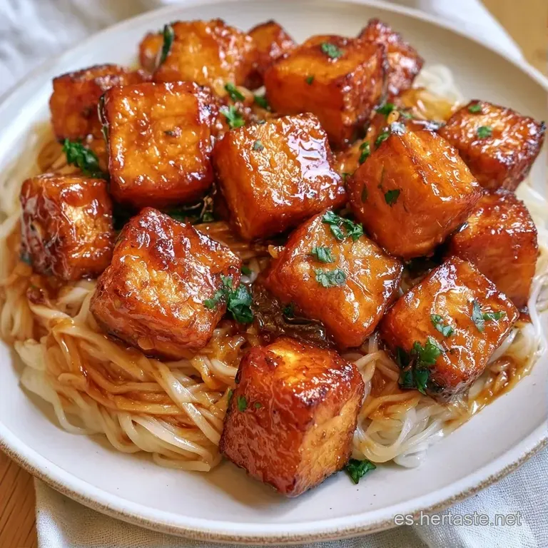 Fideos blancos enrollados en cuenco cerámico, adornados con tofu crujiente y semillas de sésamo sobre fondo neutro.