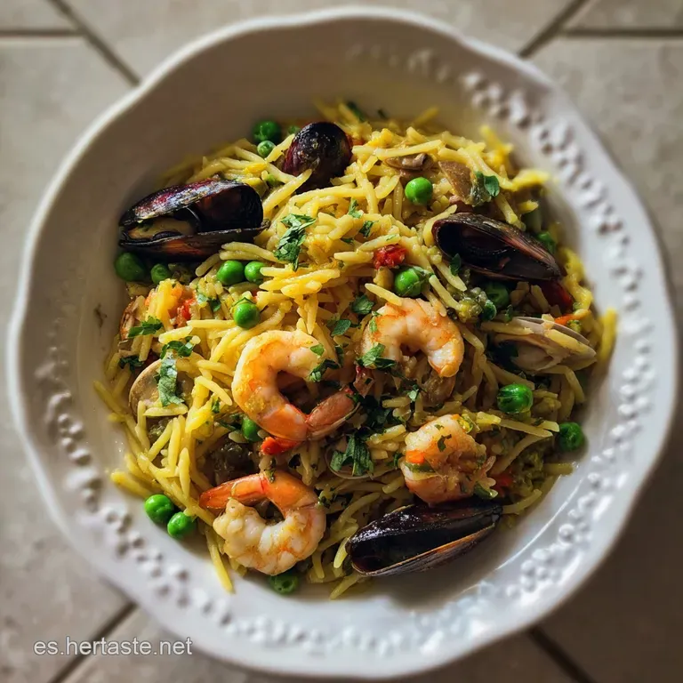 Close up of fideu&agrave; served on white plate. Golden noodles, plump shrimp, and bright green herbs garnish the flavorful dish.