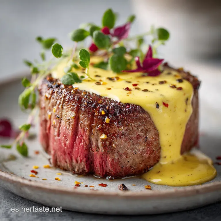 Elegant slice of filet mignon on a white plate, adorned with a creamy swirl of sauce and fresh parsley sprigs.