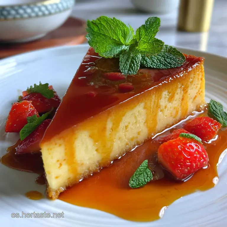 Elegant flan dessert on a vintage plate. Rich amber caramel drizzles down the sides. Creamy, decadent, and utterly inviting.